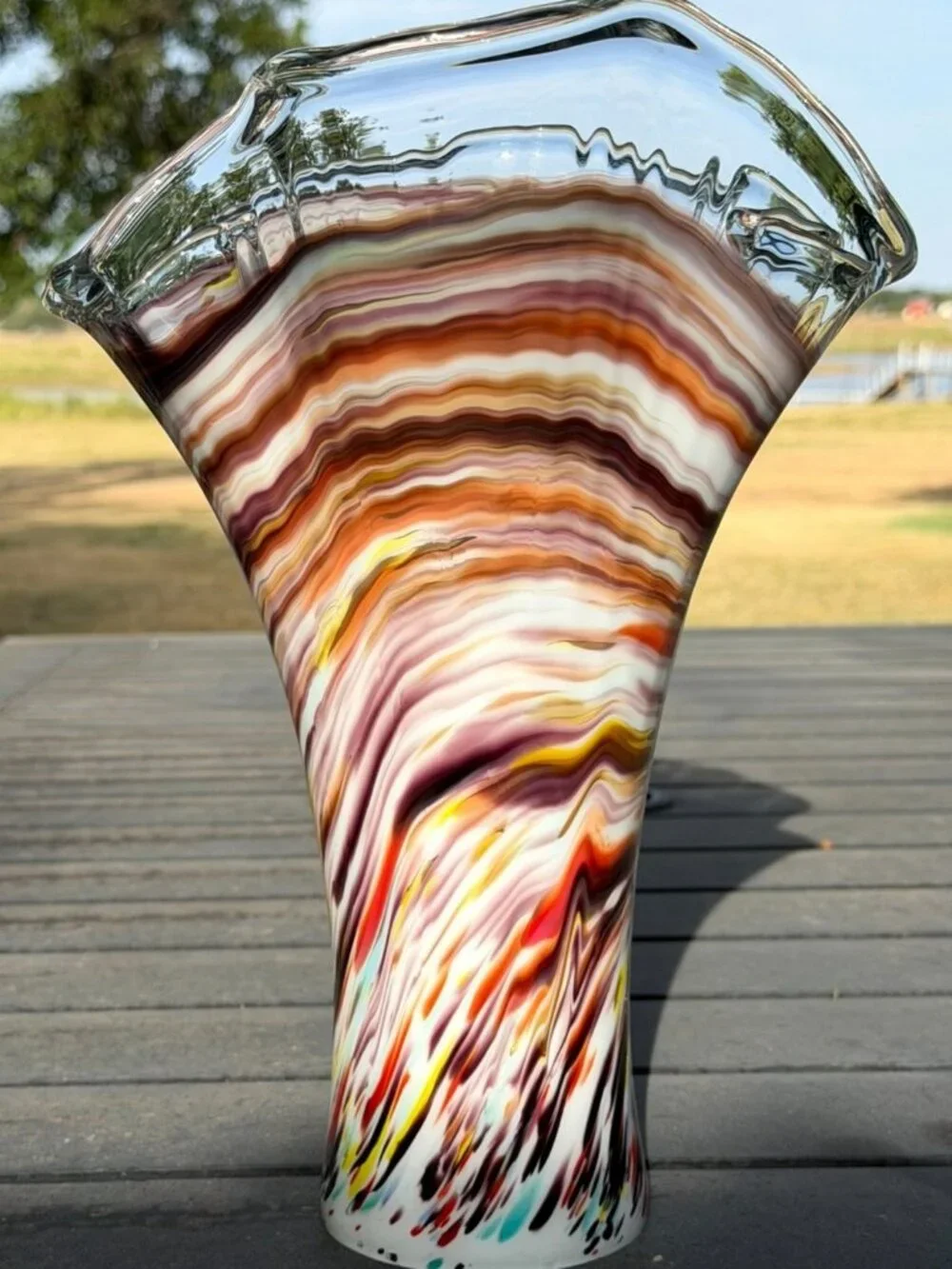 Vintage Murano Style Hand Blown Multicolor Art Glass Ruffled Vase 13.5